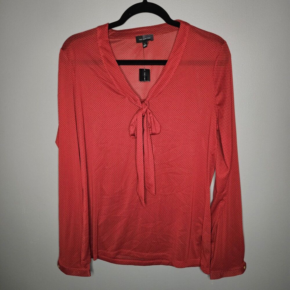 The Limited Womens L V Neck Bow Blouse Sheer Polka Dot Long Sleeve Red Black Top